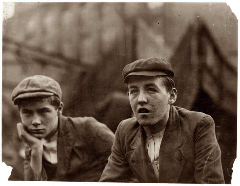 Bleach room boys, Pacific Mills. Lawrence, Massachusetts. December 1910. Photograph by Lewis Wickes Hine. View full size.