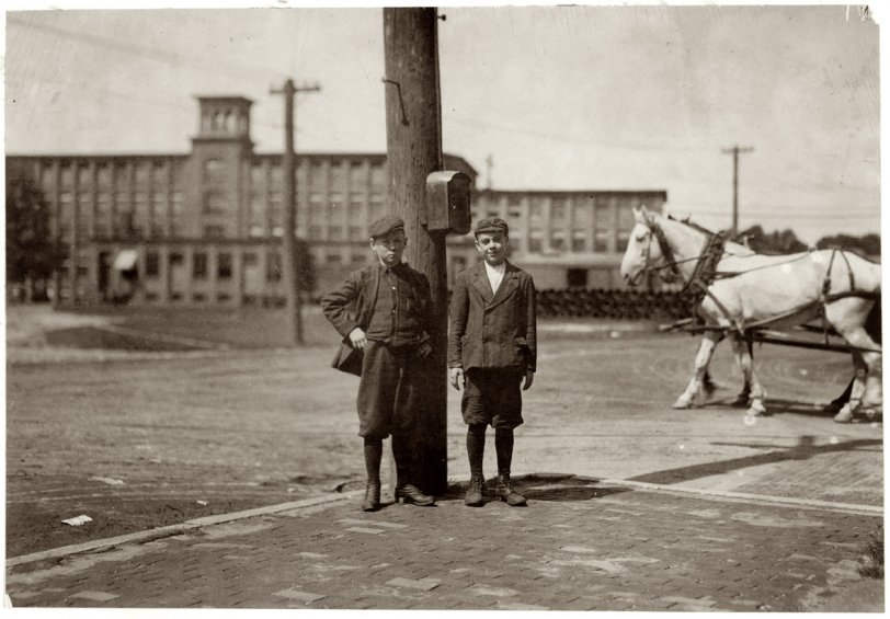 September 1911. Indian Orchard, Massachusetts. "Alfred Gengreau, 20 Beaudry Street; Joseph Miner, 15 Water Street. Both work in Mr. Baker's room. Indian Orchard Mill." Photo by Lewis Wickes Hine. View full size.
