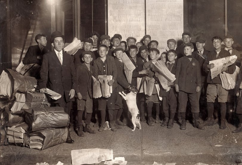 Sunday 5 a.m. Newsies starting out. Boston, Massachusetts. October 1909. View full size. Photograph by Lewis Wickes Hine.