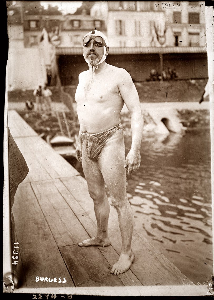 In 1911 Thomas W. Burgess was the second man to swim the English Channel. It took him 22 hours and 35 minutes. It's not clear if this photo is from that event, but he's definitely not dressed for recreational swimming. Burgess also swam for Great Britain in the 1900 Summer Olympics. George Grantham Bain Collection.