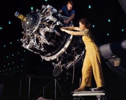 October 1942. Long Beach, California. "Women are trained to do precise and vital engine installation detail in Douglas Aircraft Co. plants." 4x5 Kodachrome transparency by Alfred Palmer for the Office of War Information. View full size.