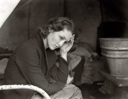&nbsp; &nbsp; &nbsp; &nbsp; UPDATE (2017): Thanks to the sleuthing of journalist Tori Cummins and historian Joe Manning, we now know the identity of the young woman in this photo: Ruby Nell Shepard (1916-1970). You can read her story on Joe's website.
November 1936. "Daughter of migrant Tennessee coal miner. Living in American River camp near Sacramento, California." Medium-format nitrate negative by Dorothea Lange for the Farm Security Administration. View full size.