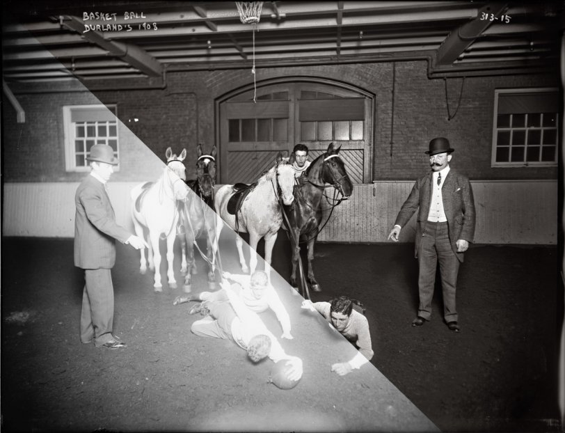The photos you see here on Shorpy are not just resized versions of the images found in the Library of Congress archives -- they are extracted from the LOC's full-resolution reference tiffs: a process that generally takes anywhere from half an hour to several hours per monochrome image, depending on the amount of work that needs to be done to bring detail out of the shadows, suppress overexposed highlights, and remove blemishes caused by dust, scratches and mold. Color images require correction for color cast as well. The before-and-after composite above shows the condition of some of these old glass negatives a century after they were exposed, and how they look after a day at the digital restoration spa. This one is from 1908. View full size. Below is the 36 mb archival tiff resized to 512 px wide. The restored version is here.

Below is another before-and-after example. Restored version.

Below: Another monochrome example. Click to enlarge.

A more extreme example below. Click here to enlarge. Compare the full-size Shorpy image to the closest match on the LOC site.


Below: Underexposed, strong blue color cast.

Below: A final monochrome example. Negative by Ansel Adams. Click to enlarge.

