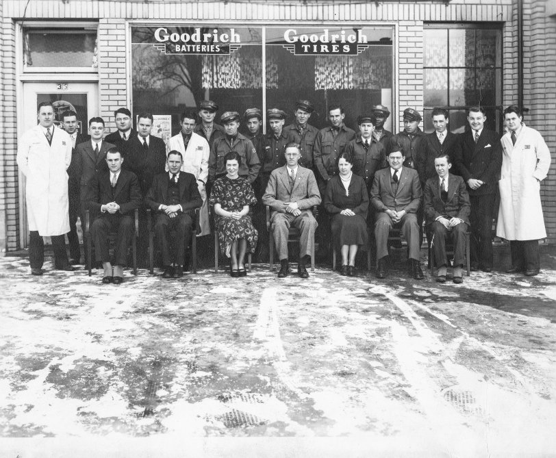 Employees of the Goodrich Tire Store in Pontiac, Michigan, in December 1935.  My grandfather Arvid Alexis (seated at center) was the manager.  According to one of my cousins, he was the man that HQ would send out to underperforming stores to fix the problems and fire the problem employees. I only knew him as an old man, and I was a bit scared of him, but he did have a subtle sense of humor that would occasionally surface.  View full size.
