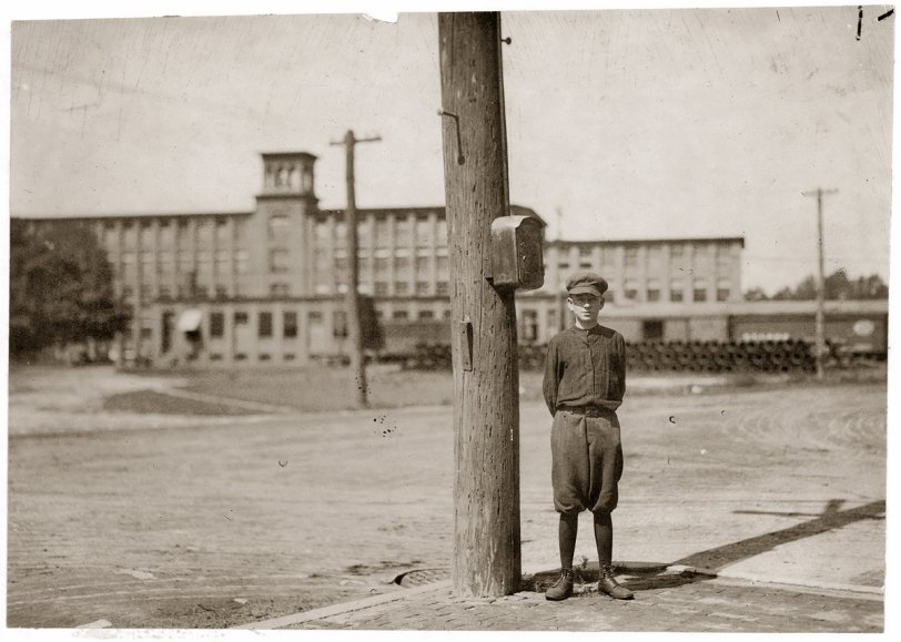 September 1911. Indian Orchard, Massachusetts. "Clarence Noel, 138 Main Street, Indian Orchard. Doffer in Hodges Fibre Carpet Co. of Indian Orchard Mfg. Co. Said 'made seven dollars last week'." Clarence is in a number of other Indian Orchard photos here. View full size.