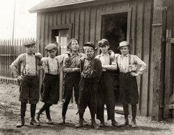 May 1910. "Noon hour at Obear-Nestor Glass Co., East St. Louis, Illinois. Names of the smallest boys are: Walter Kohler, 981 N. 18th Street; Walter Riley, 918 N. 17th Street; Will Convery, 1828 Natalie Avenue; Clifford Matheny, 1927 Summit Avenue. All employed at the glassworks." Photo by Lewis Hine. View full size.