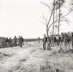 1864-65. "13th New York Heavy Artillery, Winter Quarters, Petersburg, Va." Wet plate glass negative, Civil War Photographs, Library of Congress. View full size.