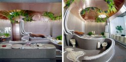 "Bathroom for Women designed by Paul Rudolph. All mirrors by the National Association of Mirror Manufacturers. Shampoo center by Kohler. Alcoves for Kohler toilet and bidet, private but open to nature. On the floor, a tiny lawn of mop heads. To right of bath, projection screen by Da-Lite." Color transparencies made for the February 1976 House & Garden article "Water: From its Swirling Source, Water Inspires Architect Paul Rudolph to Design Two Exciting and Prophetic Baths." (He also did a "Bathroom for Men.") View full size.