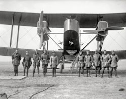 WILSON AT TRIAL OF GIANT PLANE&nbsp; &nbsp; &nbsp; &nbsp; The trial of the first American-built Handley-Page aeroplane, driven by Capt. E.B. Waller, of the British royal air force, yesterday was witnessed by President Wilson and Secretary Baker. A crowd of more than 5,000 greeted the President when he arrived at the polo field in Potomac Park early in the afternoon.
-- Washington Post, Nov. 16, 1918
November 1918. Washington, D.C. "Bolling Field -- Handley Page on polo grounds." National Photo Company Collection glass negative. View full size.