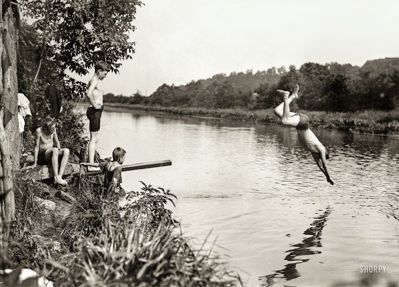 Washington, D.C. (vicinity) circa 1915. "Along the C&O Canal." This completes a trilogy started here 10 years ago (One, Two); now these boys can finally dry off and go home. National Photo Company Collection glass negative. View full size.