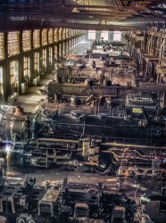 &nbsp; &nbsp; &nbsp; &nbsp; Updated April 2021 with a better scan of this Kodachrome.
December 1942. "40th Street Shops (Chicago & North Western locomotive shops at Chicago)." 4x5 Kodachrome transparency by Jack Delano for the Office of War Information. View full size. 