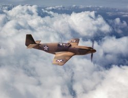 October 1942. "North American's P-51 'Mustang' fighter is in service with Britain's Royal Air Force. North American Aviation Inc., Inglewood, California." 4x5 inch Kodachrome transparency by Mark Sherwood for the Office of War Information. View full size.