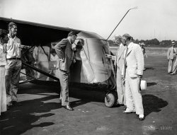 Washington, D.C., or vicinity, 1935. "Waterman Arrowplane." Waldo Waterman's roadable airplanes had no trouble getting airborne, but they never really took off. Harris & Ewing Collection glass negative. View full size.