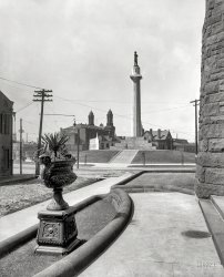 &nbsp; &nbsp; &nbsp; &nbsp; The statue was removed by official order and moved to an unknown location on May 19, 2017. (Wikipedia)
New Orleans circa 1900. "General Lee monument, Tivoli Circle, St. Charles Avenue." 8x10 inch glass negative, Detroit Photographic Co. View full size.