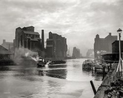 Buffalo, New York, circa 1900. "Buffalo River and elevators, foot of Main Street." 8x10 inch dry plate glass negative, Detroit Publishing Company. View full size.