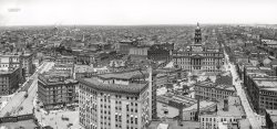 From June 1908 comes this third installment of Detroit Publishing's "general view" of the Motor City. Notable landmarks include Monroe Street at left (street cleaning in progress), the Hotel Pontchartrain, Cadillac Square, the Wayne County Building, and Congress Street and the Detroit River at right. Composite of two 8x10 inch glass negatives. View full size.