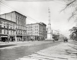 No nation rose so white and fair.
None fell so pure of crime.
&nbsp; &nbsp; &nbsp; &nbsp; — Confederate Monument inscription
Augusta, Georgia, circa 1903. "Albion Hotel and Confederate Monument." 8x10 inch dry plate glass negative, Detroit Publishing Company. View full size.