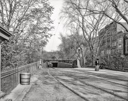 Boston circa 1904. "Descent into subway, Public Gardens." A portal last glimpsed here. 8x10 inch dry plate glass negative, Detroit Photographic Company. View full size.