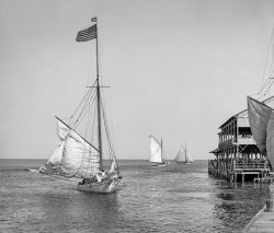 Atlantic City, New Jersey, circa 1905. "A few sailboats off the pier." 8x10 inch dry plate glass negative, Detroit Publishing Company. View full size.