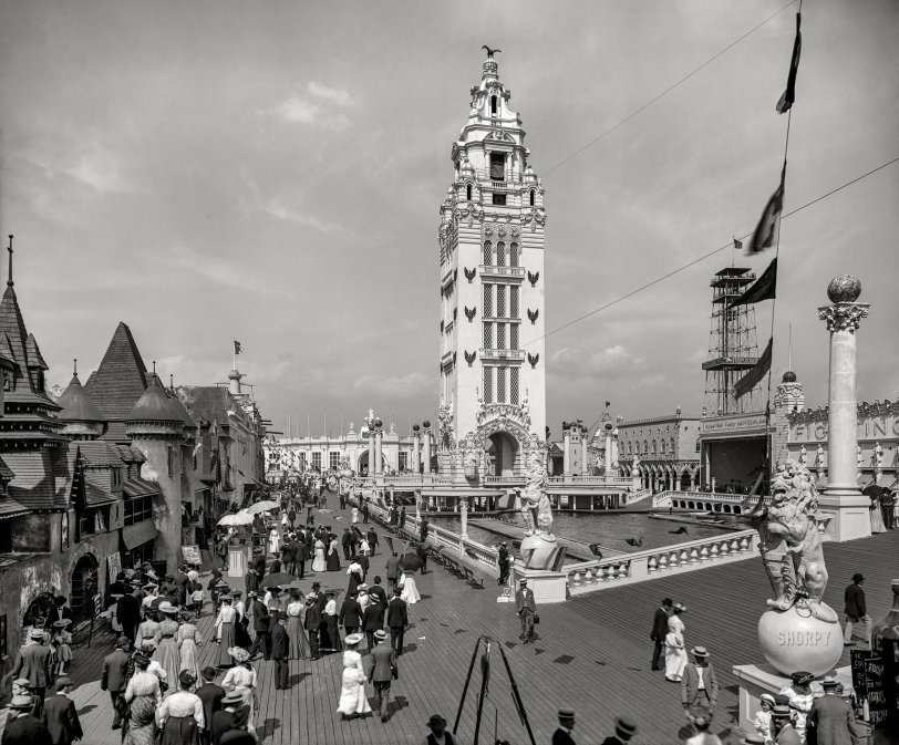 New York circa 1905. "Dreamland Park and tower, Coney Island." 8x10 inch dry plate glass negative, Detroit Photographic Company. View full size.