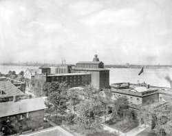 Walkerville, Ontario, circa 1900. "Hiram Walker & Sons. Malt house from bottling works." 8x10 inch dry plate glass negative, Detroit Photographic Company. View full size.