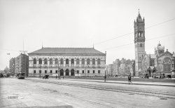 Boston, Massachusetts, circa 1912. "Copley Square -- Boston Public Library and New Old South Church." 8x10 inch dry plate glass negative, Detroit Publishing Company. View full size.
