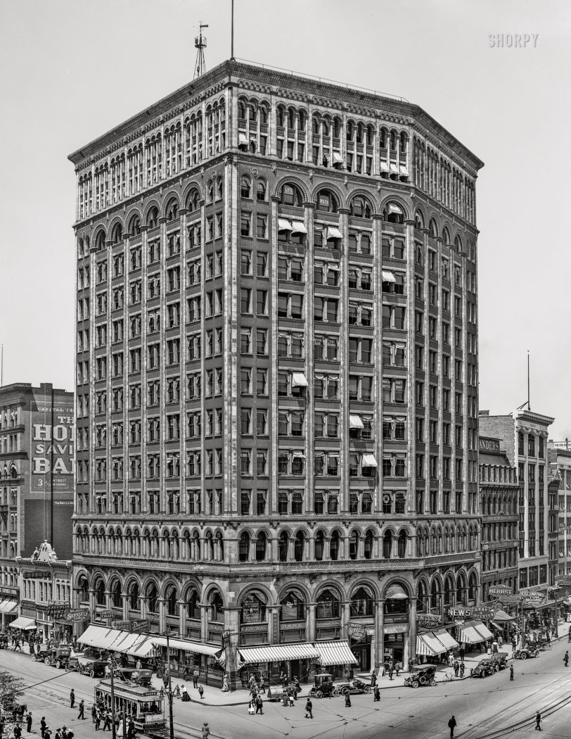 Detroit circa 1910. "Majestic Building -- Woodward and Michigan Avenues." Home to Servself Lunch in the basement, a Weather Bureau station on the roof, and Dr. Deimel's Linen-Mesh Underwear store in between. 8x10 glass negative, Detroit Publishing Company. View full size.