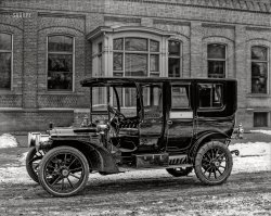 &nbsp; &nbsp; &nbsp; &nbsp; Russell A. Alger Jr. was instrumental in persuading the Packard Motor Car Company to move from Ohio to Michigan. He built a palatial Italian Renaissance style estate, "The Moorings," in Grosse Pointe. (Wikipedia)
Detroit circa 1908. "Packard Model 30 Limousine, Packard Motor Car Company. 'Auto -- Alger' on negative; 'R.A.A.' monogram on car door." Detroit Publishing glass negative. View full size.