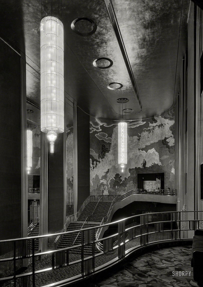 December 9, 1932. "International Music Hall, Radio City, New York. Foyer from balcony." Large-format acetate negative by Gottscho-Schleisner. View full size.