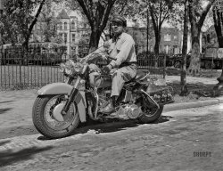 May 1949. Washington, D.C. "Charles Farrar on Harley-Davidson motorcycle." 4x5 inch acetate negative by the African-American photographer Robert H. McNeill (1917-2005). View full size.