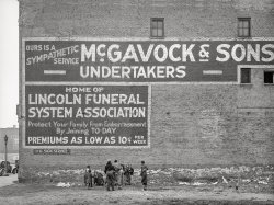 April 1941. "Sign. Chicago, Illinois. (Children in the 'Black Belt,' Negro section on the South Side.)" Acetate negative by Russell Lee for the Farm Security Administration. View full size.