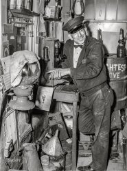 July 1940. "Gas station attendant. Millburg, Michigan." Medium format acetate negative by John Vachon for the Farm Security Administration. View full size.