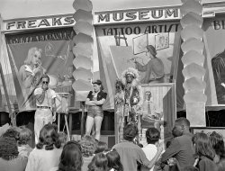March 1942. El Centro, California. "Carnival attraction at the Imperial County Fair." Medium format acetate negative by Russell Lee for the Farm Security Administration. View full size.