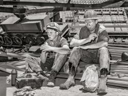 June 1942. "Shasta Dam, Shasta County, California. Workmen." Medium format acetate negative by Russell Lee for the Office of War Information. View full size.
