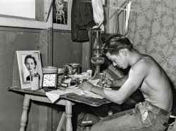 July 1942. "Rupert, Idaho.  A Japanese-American farm worker at former CCC camp now under FSA management" -- the Minidoka War Relocation Center, last seen here. Medium format acetate negative by Russell Lee for the Farm Security Administration. View full size.