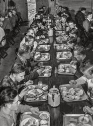 February 1943. "Madison, Wisconsin. Farm short course at the University of Wisconsin. The cafeteria in the school." Photo by Jack Delano for the Office of War Information. View full size.