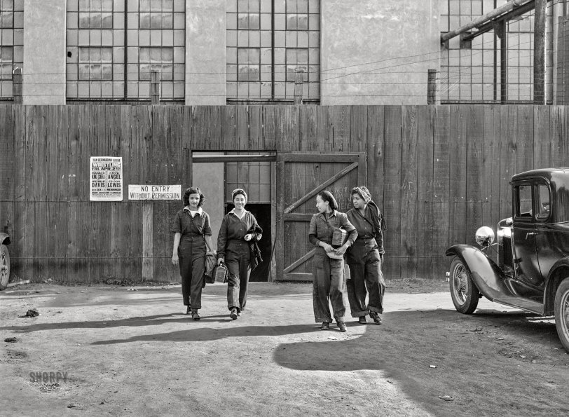 March 1943. "San Bernardino, California. Women workers employed at the Atchison, Topeka and Santa Fe Railroad shops coming out at the end of the day's shift." Medium format acetate negative by Jack Delano for the Office of War Information. View full size.