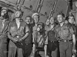 July 1942. "Hoffman Island, merchant marine training center off Staten Island, New York. Trainees aboard the training ship New York working in the boiler room." Medium format acetate negative by John Vachon for the U.S. Foreign Information Service. View full size.