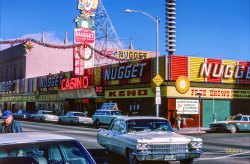 &nbsp; &nbsp; &nbsp; &nbsp; The NUGGET has earned the reputation of being Carson City's "Monte Carlo," because it features a complete Casino with the most generous slot machines in Nevada, and has excellent bars and the finest food served anywhere on the continent.
January 1964. "Carson City, Nevada." The latest dispatch from Don Cox takes us to the intersection of Carson and Spear, home of the Nugget Casino. View full size.