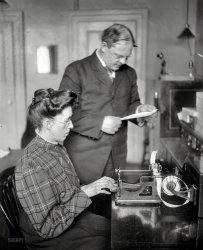 New York circa 1908. "Blind woman taking dictation on machine." 8x10 glass negative, George Grantham Bain Collection. View full size.
