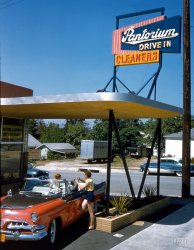 &nbsp; &nbsp; &nbsp; &nbsp; Mrs. Dodge, last seen at Bob's Big Boy, now at the Pantorium, next door to Transfer of the Sierra Madre. 
June 1956. "Aspects of life in Southern California, including cars at drive-in restaurant, drive-in laundromat, drive-up bank, shopping center." Kodachrome by Maurice Terrell for the Look magazine assignment "Los Angeles: The Art of Living Bumper-to-Bumper." View full size.