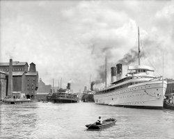 Circa 1905. "Along the river at Buffalo, New York. Steamers North Land and City of Erie." 8x10 inch glass negative, Detroit Publishing Company. View full size.