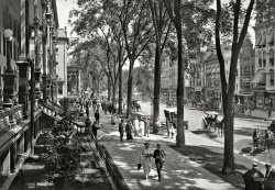 Saratoga Springs, New York, circa 1915. "Broadway at the United States Hotel." Looking more than a little like one of those idealized Disney "Main Streets." 5x7 inch dry plate glass negative, Detroit Publishing Company. View full size.