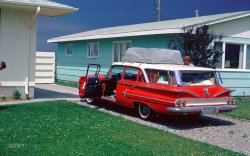 &nbsp; &nbsp; &nbsp; &nbsp; Our annual salute to the start of vacation road-trip season, first posted here 15 years ago. Everyone buckled in? Let's go!
"Great Falls, Montana. Return after 3 weeks Vacation. June 27, 1964." This Kodachrome of a 1960 Chevrolet Parkwood station wagon is from a box of slides found on eBay. View full size.