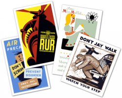 The 1930s posters done for the Works Progress Administration have proven to be especially popular in the Shorpy gift shop, so Juniper Gallery has started Vintagraph, a Web site dedicated to high-quality reproductions of this unique artwork on museum-grade French art paper. Favorites include the curiously popular Keep Your Teeth Clean as well as the heroically proportioned Don't Jay Walk. We're adding new posters every day at www.vintagraph.com.